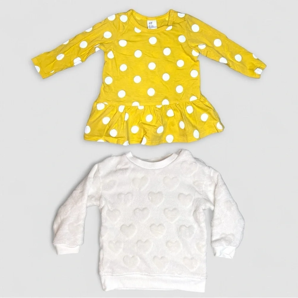 Baby Girl 6–9M H&M Top Bundle – Yellow Polka Dot Peplum & Fleece Sweatshirt
